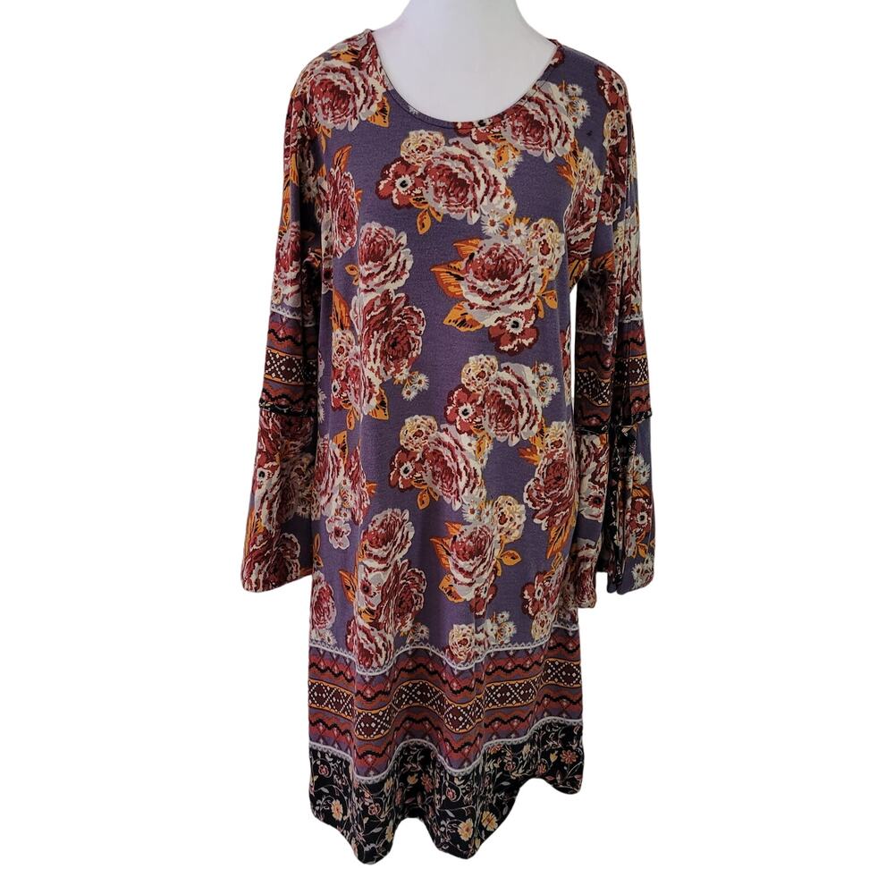 Angie Size Large‎ Mini Dress Women Boho Paisley Floral Bell Sleeve Tie Purple